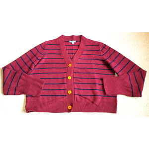 Womens Sweater-DRAPER JAMES-Burgundy/Navy striped cotton 'Varsity Cardigan'-XXL